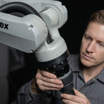Person inspecting a WeldApex robot arm in an industrial setting